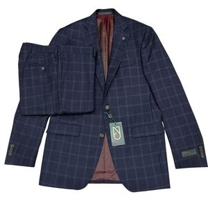 Ted Baker London No Ordinary Joe Jake 100% Wool Suit Navy Windowpane 40Long 34W
